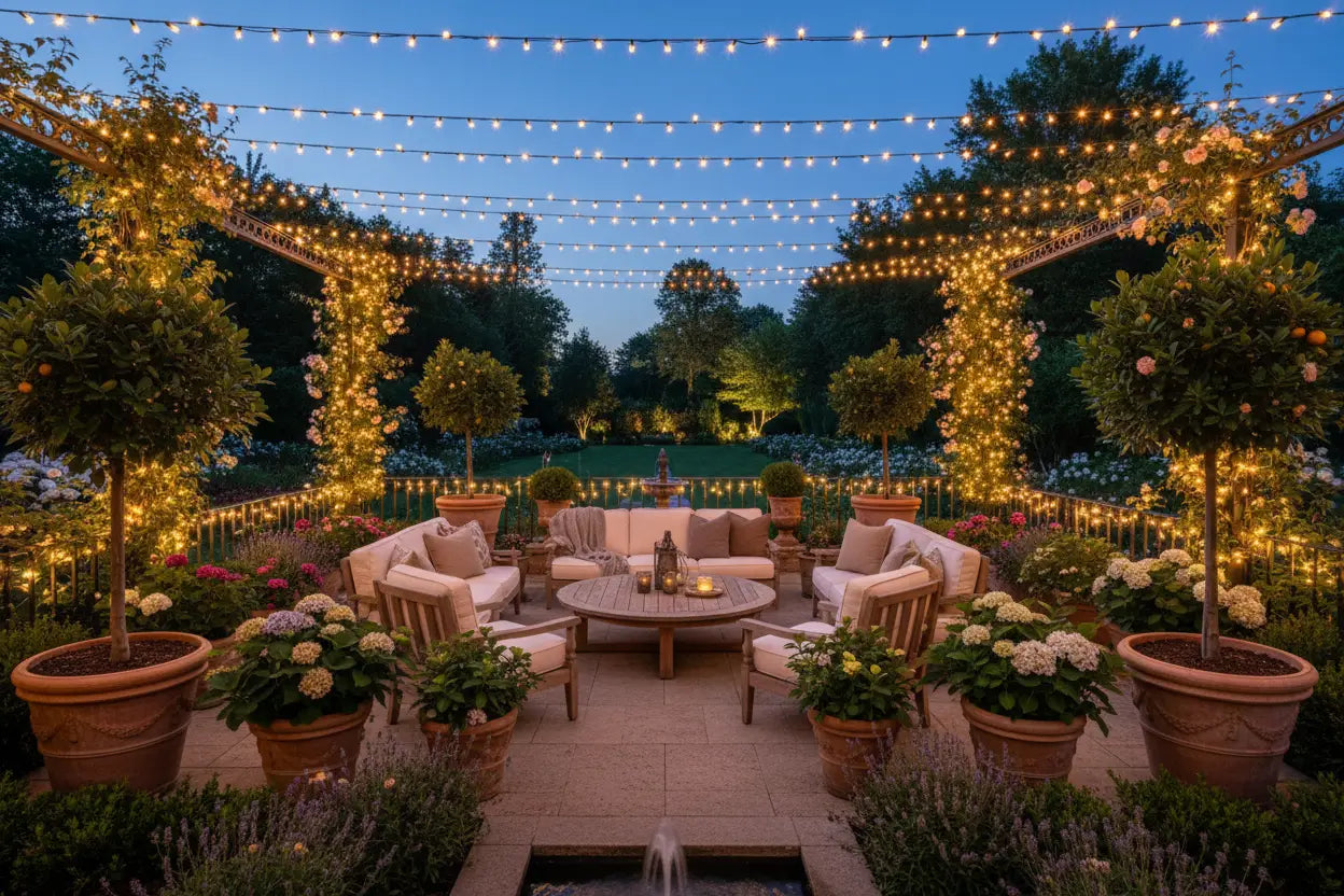 Warme Lichterketten über Holzpergola für Gartenliebhaber