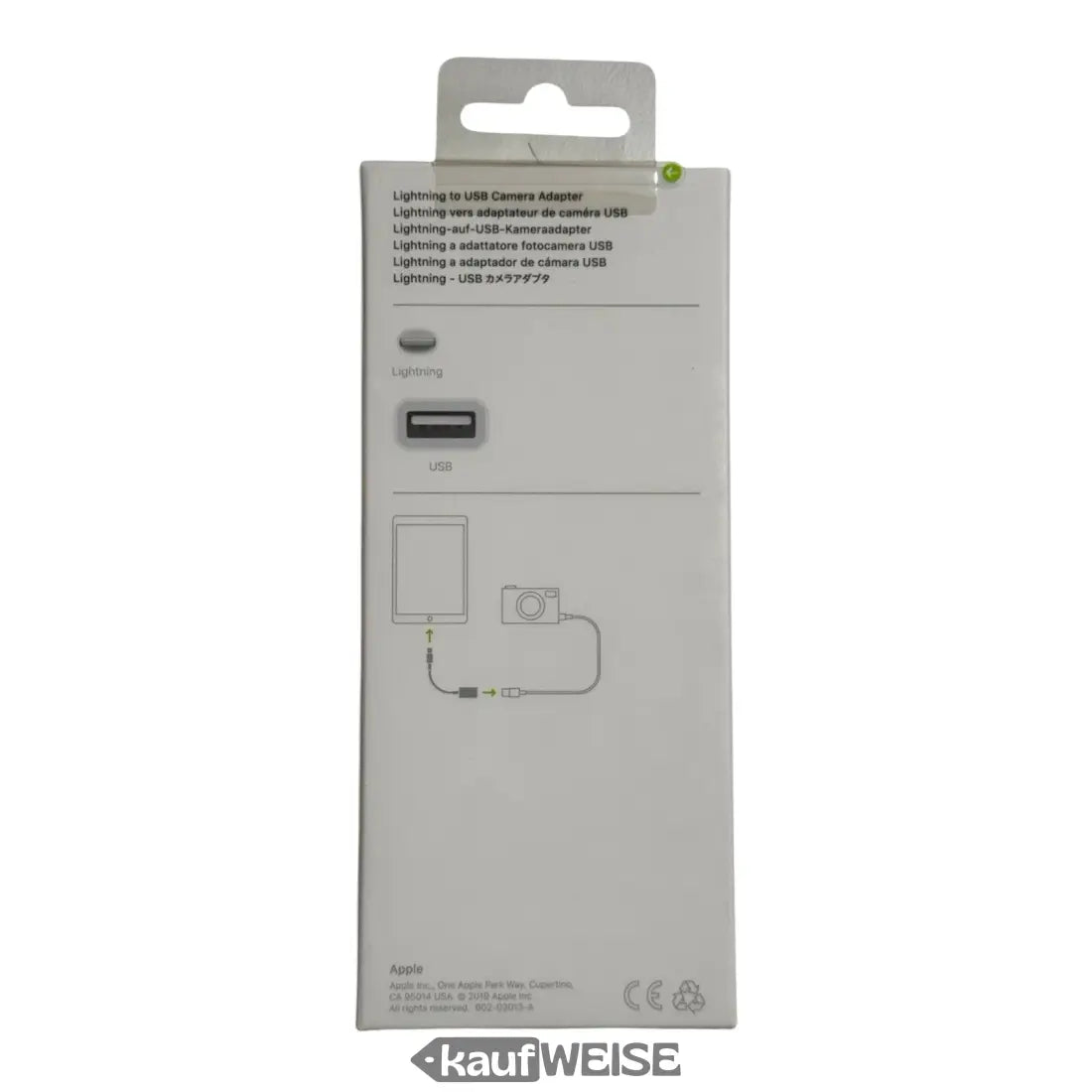 Weiße rechteckige Verpackung für Apple Lightning auf USB Kamera Adapter
