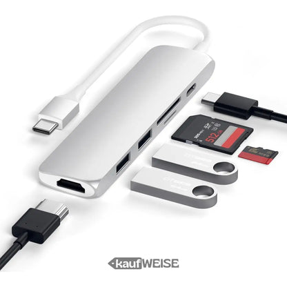 Silberner Satechi V2 Slim USB-C Multiport Adapter mit HDMI, PD, SD-Kartenleser