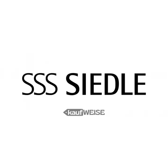 Schwarzes Siedle-Logo mit weißem Text und Pfeil auf Edelstahl-Tischständer AZTVP 870-0 E für Video-Panel AVP 870