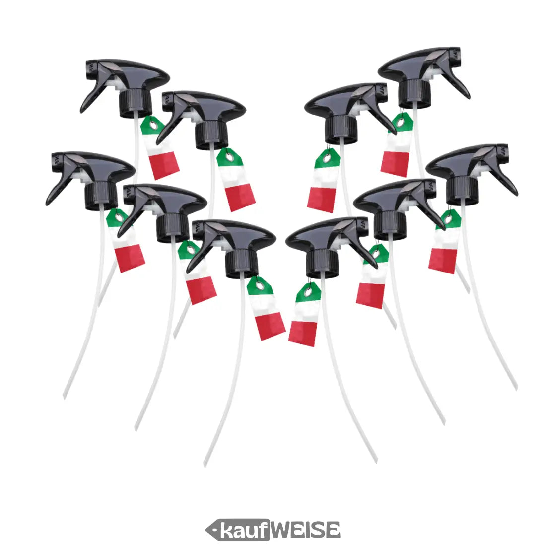 Zehn schwarze Sprühkopf 10er Set mit italienischen Flaggenanhängern aus recyceltem Material