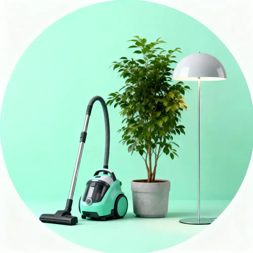 Türkis- und schwarzer Kanisterstaubsauger mit langem Schlauch, konzipiert für effizientes Saubermachen.