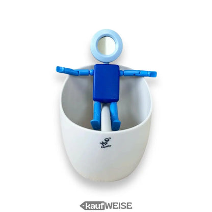 Blauer Plastik-Spielmann in Becher mit Spiegelkopf – batteriefreies Wasserboy Thermometer & Uhr