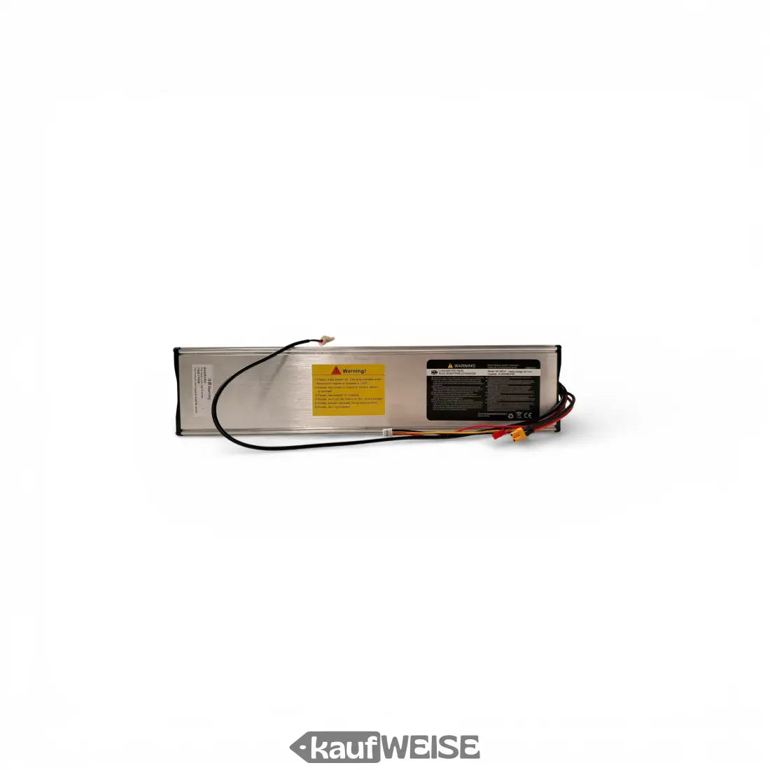 Silbernes Xiaomi Mi Scooter Pro Akku (12.8Ah, 460Wh) mit Kabeln und Warnhinweisen